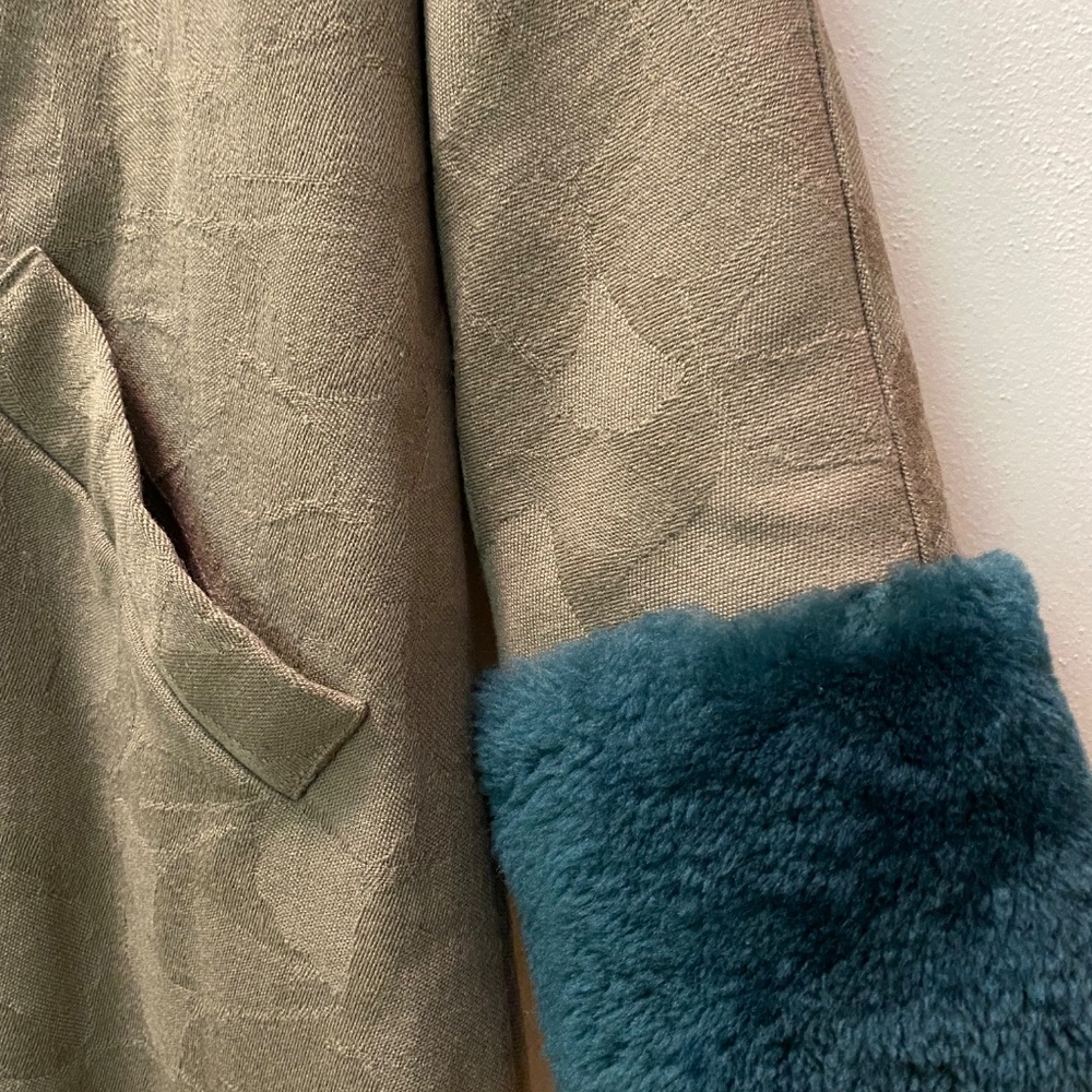 OOAK Handmade Wool, Faux Sherpa, Satin Lined Coat Ginkgo Leaf Patttern Medium - Picture 4 of 9